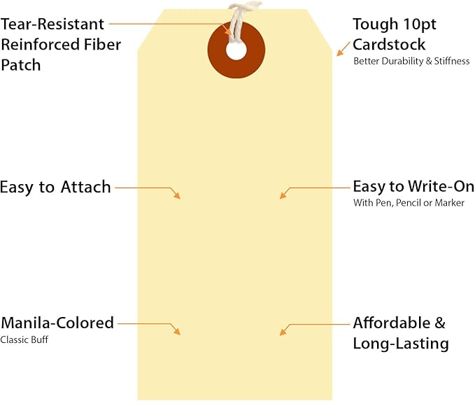 SmartSign Blank Shipping Tags with Pre-Attached Loop Strings, Size-4, Pack of 1000, 10pt Thick Manila Cardstock Tag, 4.25 x 2.125 inch Paper Hang Tags with Reinforced Fiber Patch