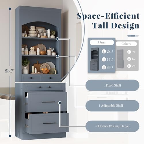 Merax Modern 83.7inch Freestanding Kitchen Hutch with Faux Marble Top, Kitchen Pantry with 5 Storage Drawers and Adjustable Shelf, Gray