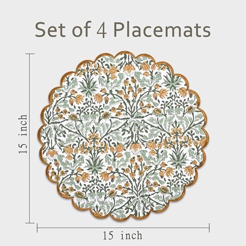 Ridhi Floral Block Print Round Placemats 15 in, Set of 4, Goldenrod Yellow