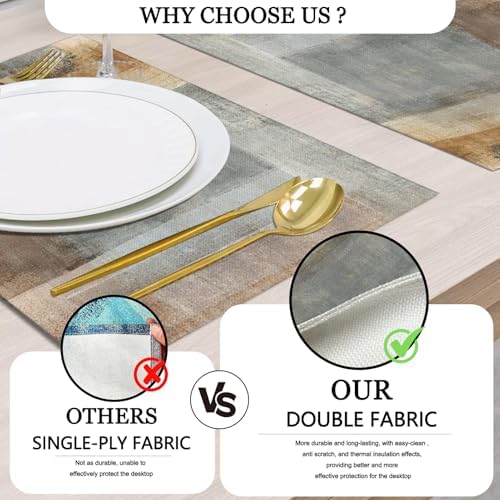 Mcalk Brown Table Runner and Placemats Set of 6, Abstract Grey Placemats, Modern Art Cloth Place Mats Indoor for Kitchen,Washable Linen Material for Dining Table