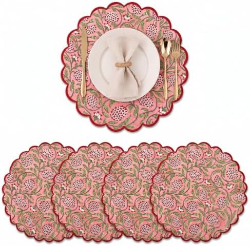 Ridhi Floral Block Print Round Placemats 15 Inch, Set of 4, Strawberry Pink