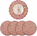 Ridhi Floral Block Print Round Placemats 15 Inch, Set of 4, Strawberry Pink