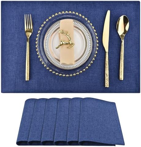 SLKQG Blue Faux Linen Placemats Set of 6, Heat Resistant Washable Double Layer Cloth Place Mats for Dining Table, Wrinkle Resistant Linen Textured Farmhouse Kitchen Decor (6, Navy Blue)