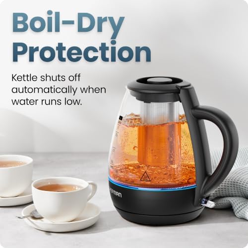 Chefman Electric Kettle with Tea Infuser, 1.7L 1500W, Removable Lid for Easy Cleaning, Boil-Dry Protection, Stainless Steel Filter, BPA Free, Auto Shut Off Hot Water Boiler, Glass Electric Tea Kettle - Image 7