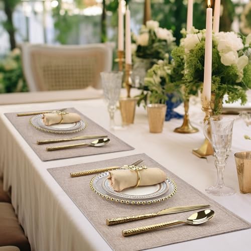 SLKQG Faux Linen Placemats Set of 6, Heat Resistant Washable Double Layer Cloth Place Mats for Dining Table, Wrinkle Resistant Linen Textured Farmhouse Kitchen Decor (6, Natural Linen)