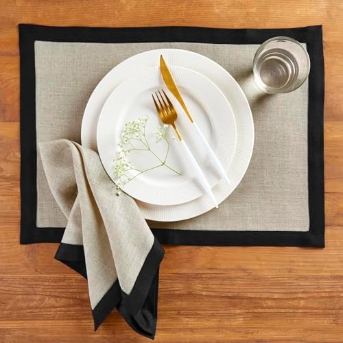 Solino Home 100% Linen Placemats, 14 x 19 in, Black and Natural, Set of 4