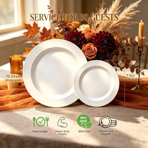 FLOWERCAT 60PCS White Plastic Plates - Heavy Duty White Disposable Plates for Outdoor/Fall Party/Wedding -serve for 30 guests Include 30PCS 10.25" & 30PCS 7.5" Plates for Thanksgiving