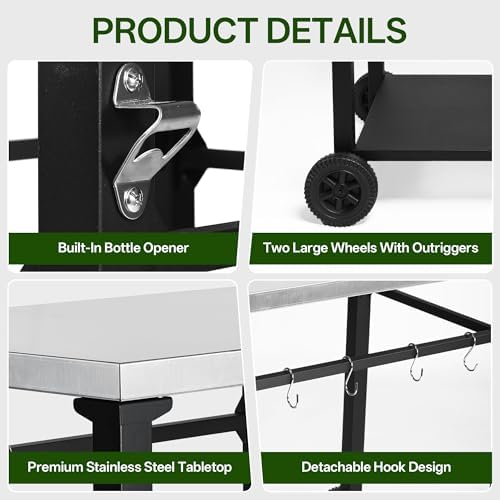 KEIKI 2-Tier Outdoor Grill Cart Table with 2 Wheels, Tool Hooks, Movable BBQ Cooking Prep Table, Pizza Oven Table, Serving Bar Cart for Backyard, Indoor, Outside, Kitchen, Stainless Steel