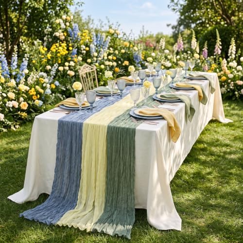 6 Pcs Dusty Blue Green Yellow Cheesecloth Table Runner