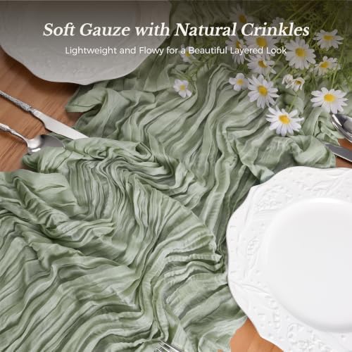 Goodluck 10 Pack 10Ft Sage Green Cheesecloth Table Runner 35x120 Inch Boho Gauze Table Runner Cheese Cloth Extra Long Romantic Table Runners for Wedding Bridal Shower Birthday Party Table Decor