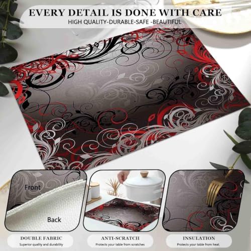 Mcalk Table Runner and Placemats Set of 6 Pieces,Mystic Gray Leaf Placemat,Cloth Place Mats Red Indoor for Kitchen,Washable Placemats Floral Print Linen Material for Dining Table
