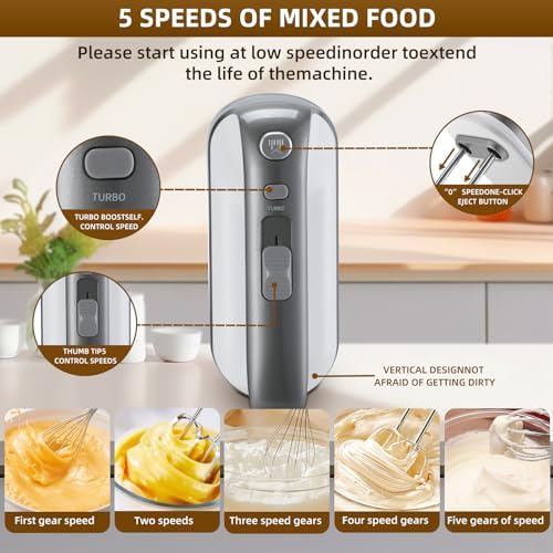 Hand Mixer Blender with Turbocharged 5-speed, One Click Release, 400W Copper Motor -5 Stainless Steel Accessories -110V Blender, Used for Baking, Beating Eggs, and Dough