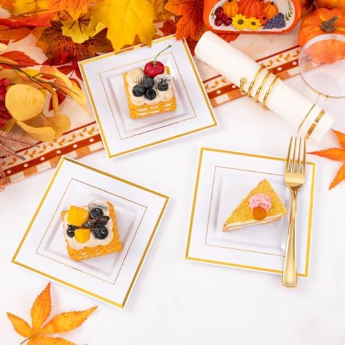 Festiva 350Pcs Gold Plastic Plates - Disposable Square Gold Plates Dinnerware set include 9.5"/6" Plates,Cups,Plastic Cutlery,Hand Napkins Perfect for 50 guests Party&Birthday&Wedding