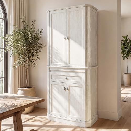 72.2" Tall Kitchen Pantry Cabinet with Doors, Farmhouse Storage Cabinet with Charging Station & LED Light, Drawer, Adjustable Shelves and Pull-Out Shelves, White Wood Pantry Cupboard for Dining Room