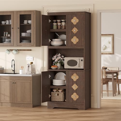Garvee 72" Tall Pantry Cabinet, Kitchen Hutch Storage Cabinet with Countertop for Microwave, Freestanding Wooden Cupboard with Carved Door & Crystal Handle, for Dining Room, Living Room, Reddish Brown
