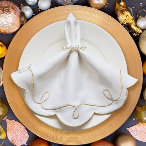 16.5 Inch Ribbon Twirl Embroidery Round Placemats Set of 4, Scalloped Round Table Mats for Party Kitchen Dining Decoration, Gold