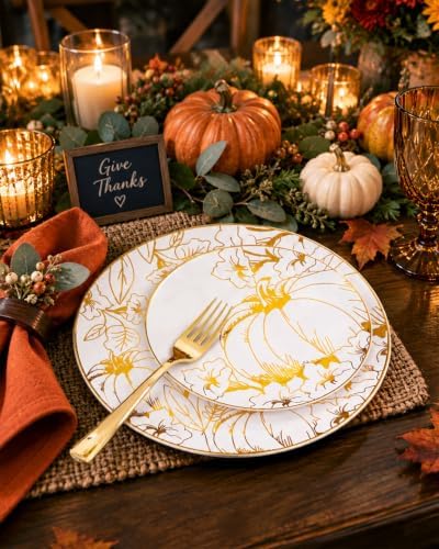 PULOTE 150PCS Thanksgiving Plastic Plates - Fall Gold Pumpkin for Autumn