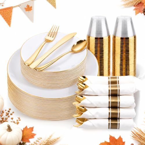 KIRE 175PCS Gold Plates Disposable - Heavy Duty White and Gold Plastic Plates Dinnerware Sets - 25 for Dinner 25 for Dessert 25 Pre Rolled Napkins and 25 Cups for Wedding/Party/Halloween/Thanksgiving