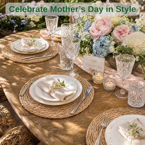 13.8'' Round Woven Placemats Set of 6, Boho Wicker Chargers, Terrekraft