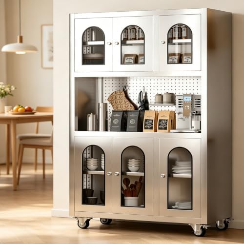 Stainless Steel Kitchen Pantry Cabinet with Pegboard and Adjustable Shelves