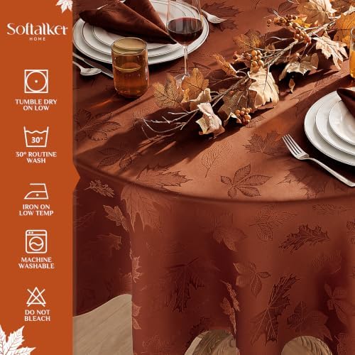 Softalker Fall Jacquard Round Tablecloth, 70 Inch Rust