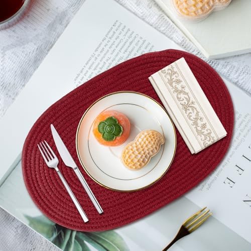 Oval Woven Placemats Set of 8 Heat Resistant Placemats 17 x 12 Inches Farmhouse Cotton Rope Place Mats for Dining Tables Trivets for Hot Dishes, Burgundy