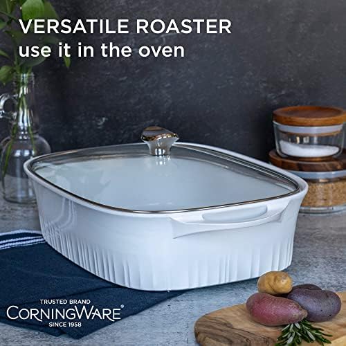 CorningWare QuickHeat 5.7-QT Cast Aluminum Roaster With Lid & Non-Stick Ceramic Interior, Lightweight and Fast Even Heat Baking & Cooking, For Meats, Soup, Browning, Searing, French White