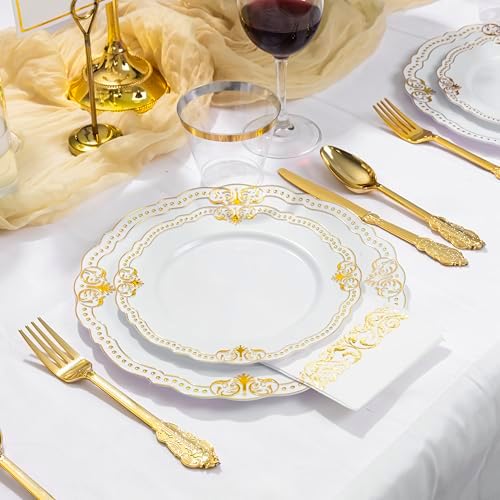 Ciaell 175 Piece White and Gold Plastic Plates for Weddings Parties