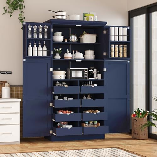 Merax 35.5x17.6x70.9 inches Freestanding Kitchen Pantry Cabinet, Tall Storage Cabinet with 4 Doors, 2 Door Shelves, 8 Pull-Out Trays and Adjustable Shelf for Dining Room, Blue