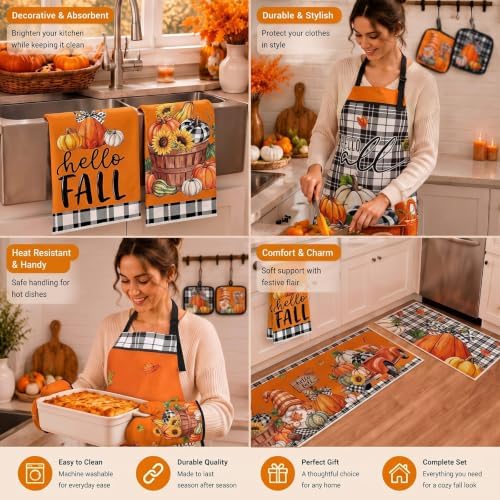 12 Pcs Fall Kitchen Decor Set, Plaid Orange Thanksgiving Kitchen Set