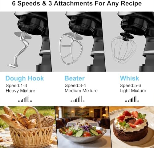 Electric Stand Mixer, Kitchen Mixer 6.5-Quart Tilt-Head, 6 Speeds with Dough Hook, Whisk, Beater, and Splash Guard, Stainless Steel Bowl for Baking
