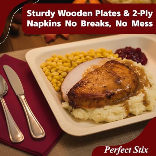 Perfect Stix Thanksgiving Plates and Napkins Set – 25 Large 10-Inch & 25 Small 7-Inch Eco-Friendly Wooden Plates with 50 Burgundy 2-Ply Dinner Napkins –Thanksgiving & Friendsgiving Gatherings