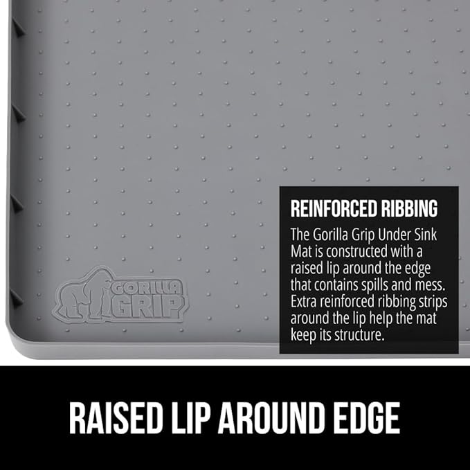 GORILLA GRIP Waterproof Silicone Under Sink Mat with Raised Lip for Kitchen and Bathroom, Cabinet Shelf Liner Stay in Place Mats Dishwasher Safe Drawer Liner, Organizer Tray, 19 x 34 in, Gray