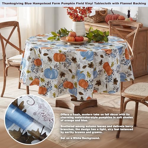 Newbridge Thanksgiving Blue Pumpkin 70 Inch Round Vinyl Tablecloth