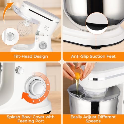 6.5QT Stand Mixer, 700W 6-Speed Tilt-Head Electric Stand Mixer, 3-In-1 Kitchen Mixer with Bowl, Dough Hook, Wire Whisk & Flat Beater, Perfect for Bakery, Cake, Bread and Home Baking