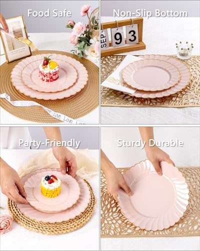 Ciaell 175 Piece Pink and Gold Plastic Plates for Weddings Parties
