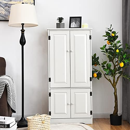 GIANTEX Kitchen Pantry Storage Cabinet, Wood Cupboard Organizer, Adjustable Shelf & Anti-Tilt Design Floor Cabinet for Living Room Bathroom (Cream White)