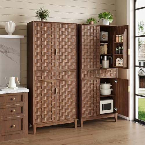Pantry Cabinet, 71" Tall Pantry Cabinet,Modern Kitchen Cabinet with Doors, Drawers & Adjustable Shelves, Freestanding Food Pantry Cupboard with Side Rack for Kitchen Dining Room,Walnut