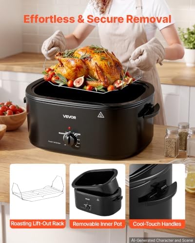 VEVOR Electric Roaster Oven, 24 Qt, Turkey Roasting Pan, Black, Viewing Lid