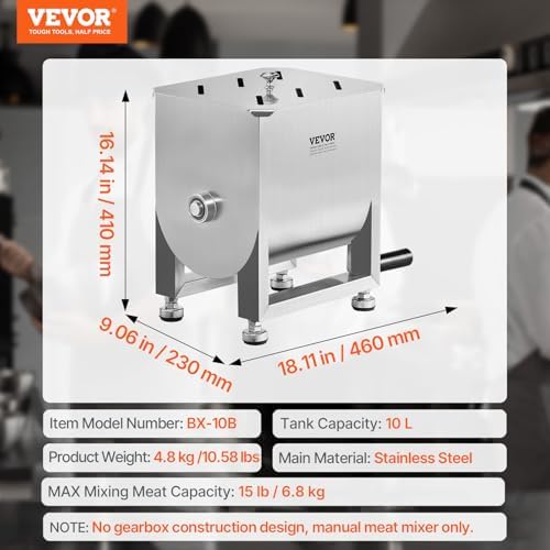 VEVOR Manual Meat Mixer, 10L Fixed Tank – Heavy Duty Stainless Steel Hand Mixer for Ground Beef & Sausage, Max 15lb Mixing Meat Capacity, with Lid Handle