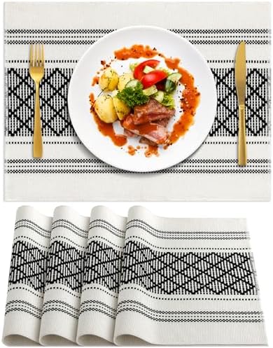 ADRIMER Placemats Set of 4, Boho Table Mats Cotton Blend, Durable Cloth Table Placemats Machine Washable, Rustic Place Mats for Dining Kitchen Table, 14 x 18 Inch, Black
