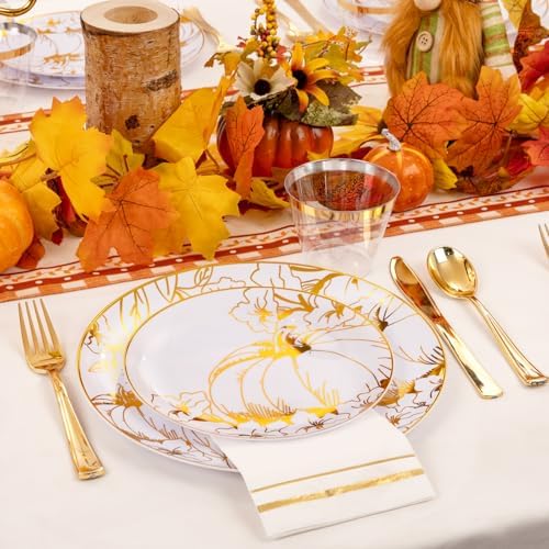 Liacere 175PCS Thanksgiving Plates- Gold Pumpkin Plastic Plates-Thanksgiving Plastic Plates and Napkins Sets Include 50 Plastic Plates,75 Thanksgiving Dinnerware，25 Gold Cups 25 Napkin for Fall Plates