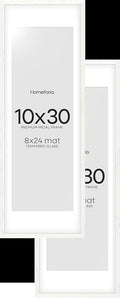 Homeforia 10x30 White Picture Frame, High End Oak 10x30 Wood Poster Frames with Mat 8x24 Print, 10 x 30 White Wooden Frames Matted to 8 by 24, 30x10 Panoramic Frame, Tempered Glass, Wall Kit, Set of 2