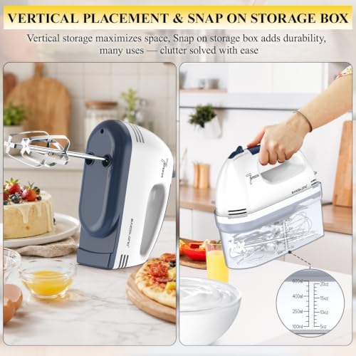 BAIGELONG Hand Mixer. 7-Speed Adjustable Kitchen Electric Mixer. With 5 Stainless Steel Attachments: 2 Hooks, 2 Beaters, 1 Whisk. Comes 1 Storage Box. Perfect for Bakers and New Starters, White
