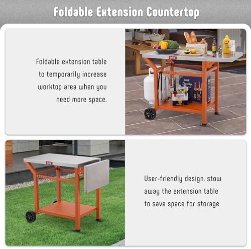 Feasto 43" Lx20 W Grill Table with Folding Side Table & Undershelf, Orange