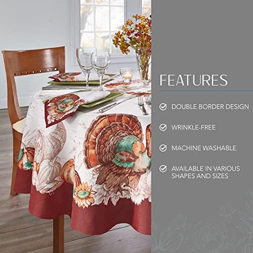 Holiday Turkey Bordered Fall Tablecloth, Multicolor - 70" W x 70" L Round
