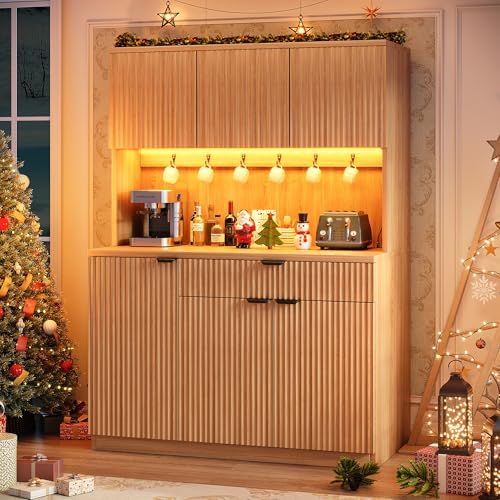 Jocoevol Fluted Kitchen Pantry Storage Cabinet with Charging Station & LED Lights,71" Tall Kitchen Hutch with Microwave Stand, Adjustable Shelves,Storage Doors (Natural, 41 * 71 * 15.7)