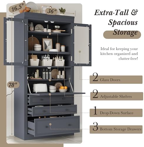 Merax 78 Inch Extra-Tall Freestanding Kitchen Pantry Storage Cabinet, Multifunctional Cupboard with 3 Drawers, Adjustable Shelves & Power Outlet Drop-Down Surface for Dining and Living Room, Grey