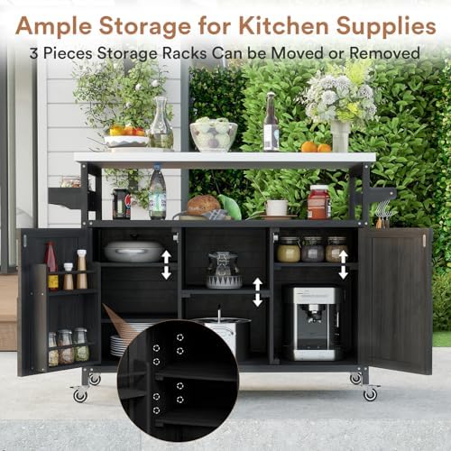 Zevemomo Outdoor Grill Cart with Storage, Lockable Casters, Black