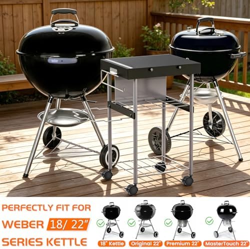 2-in-1 Grill Cart & Prep Table with Storage Shelves for Weber 22" & 18" Kettle Grills, Small Hook-On Grill Side Table, Grill Stand for Blackstone 17" Griddle for Ninja Woodfire Pitboss 150 Series